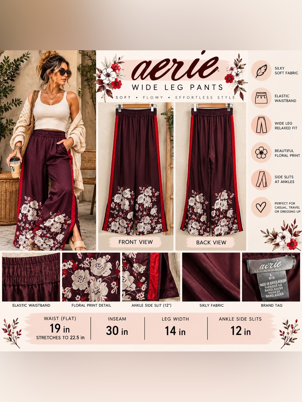 Aerie Silky Floral Wide Leg Pants Burgundy Red Side Slit Size Large